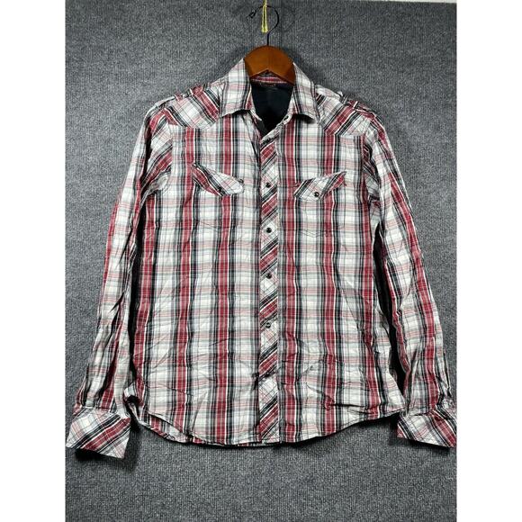Irreverent Pearl Snap Shirt Men's Small Red/Black Plaid Long Sleeve Front Pocket - Picture 1 of 10